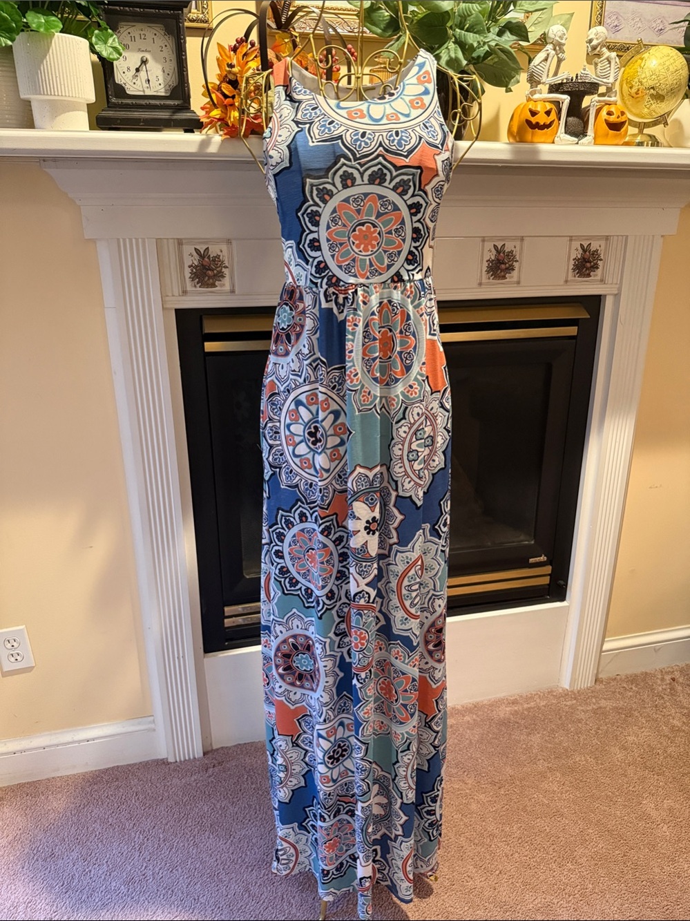 Beeson River Sleeveless Navy, Coral & Teal Medallion Maxi Dress XS